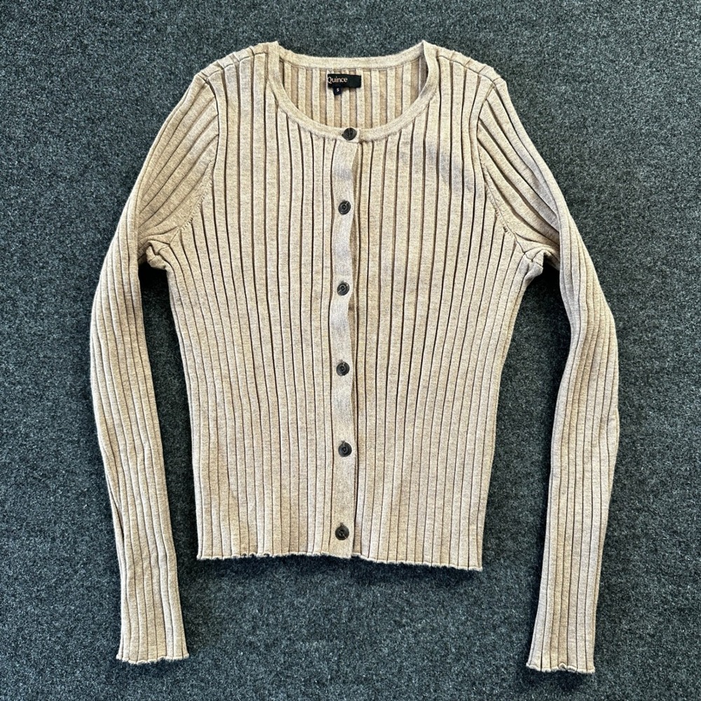 Quince Womens Ribbed Knit Button Front Cardigan Tan Beige Size S
